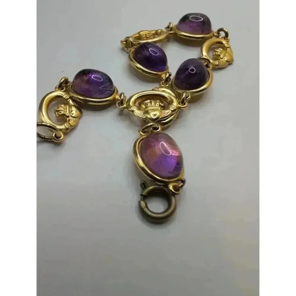 Vintage Inspired Amethyst Cabochon Gold Plated Link Bracelet Elegant & Timeless - Picture 6 of 7